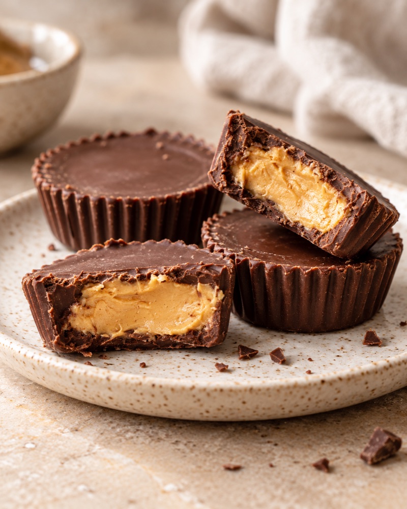 Dark chocolate almond butter cups, one cut open to show the creamy filling
