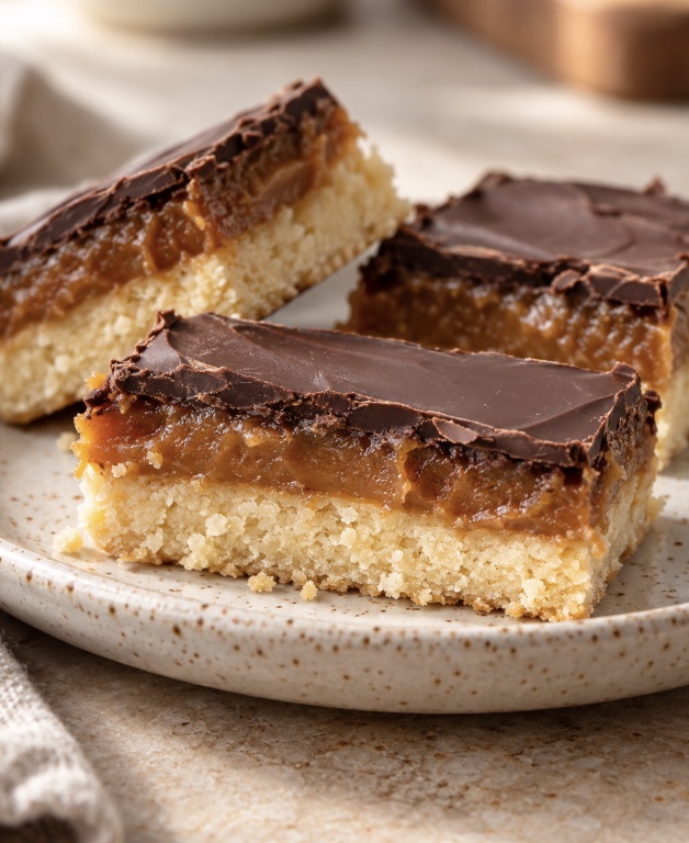 Chocolate-topped caramel cookie bars on a speckled plate